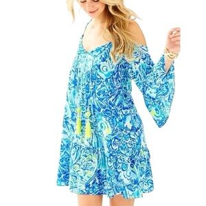 Lilly Pulitzer Cold Shoulder Mini Swing Dress w/ Yellow Accents, Yellow Tassels